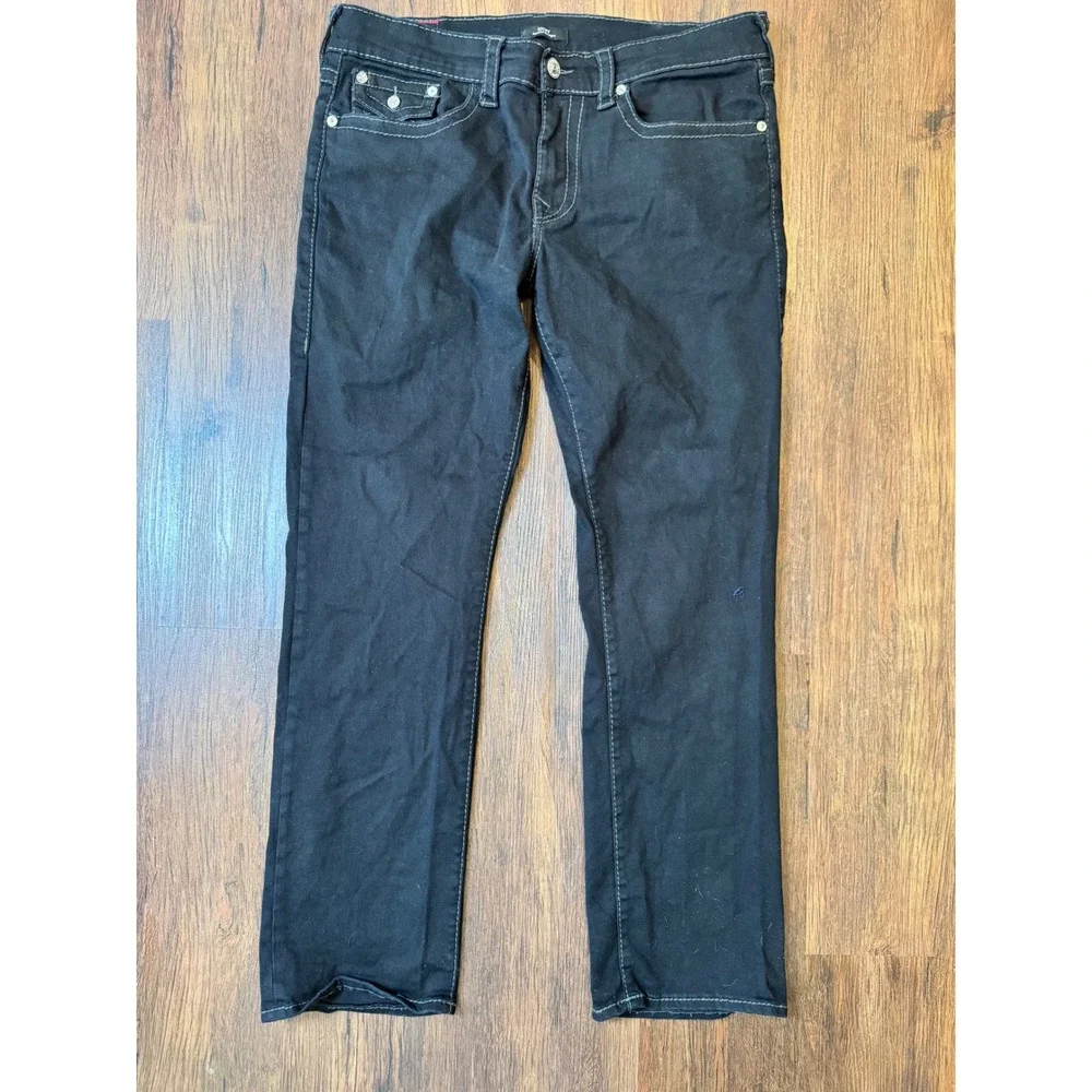 Y2K True Religion Ricky Relaxed Straight Black Grey Stitch Flap Jeans Sz 36